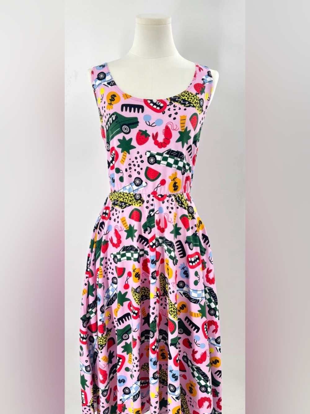 Nooworks The Rollout Print Dress Pink Sleeveless Whimsical Fun Large L NWT